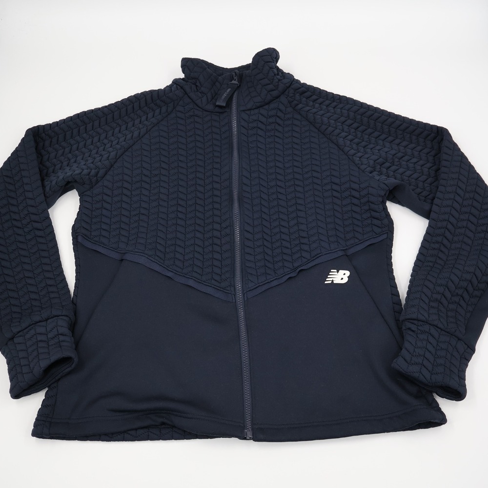 New Balance Full Zip Jacket Womens Large Navy Blue Quilted Chevron Thumbholes